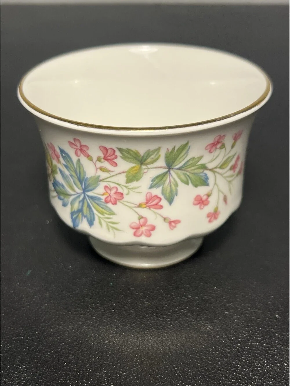Queen Anne 1950s Orphan Cup Pink Trailing Floral Blue Leaf Bone China, 3x2.5”